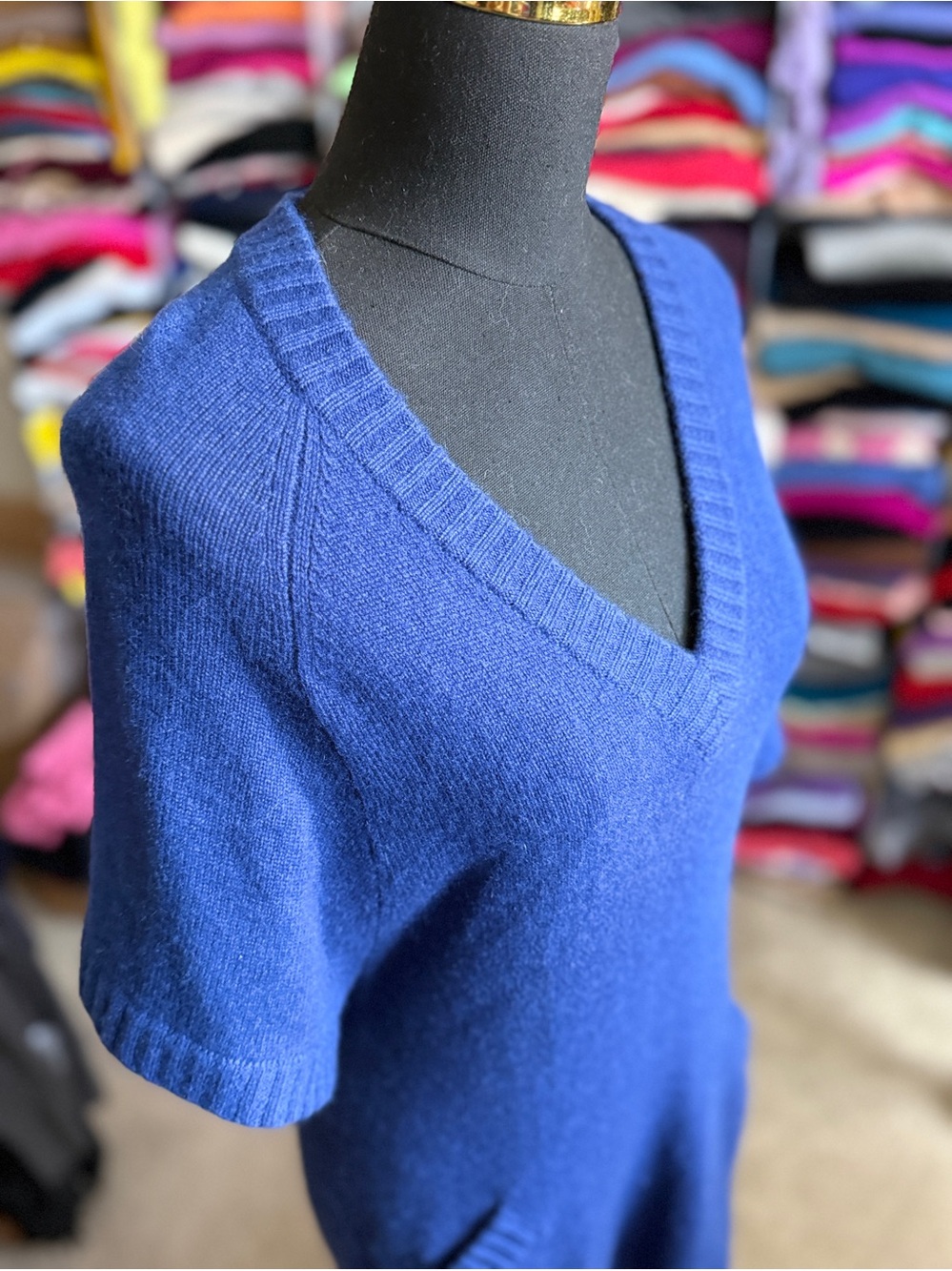 Blue V-Neck Short Sleeve Cashmere Sweater Tunic-Length